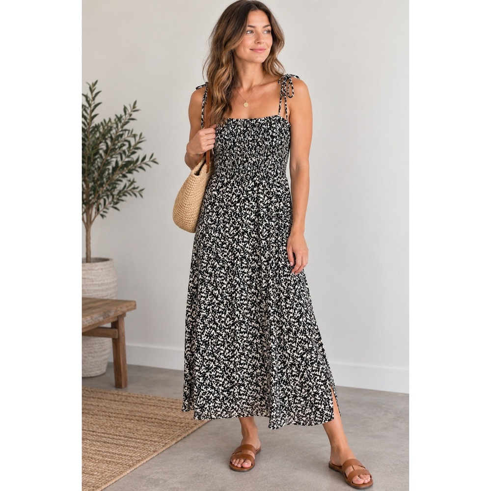 Madewell Black White Abstract Petal Smocked Tie Strap Midi Dress 8 Cottagecore